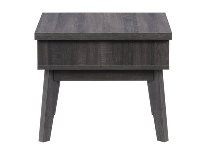Mid-century modern side table with walnut finish, featuring a sleek rectangular design, tapered legs, and a single open shelf for storage.