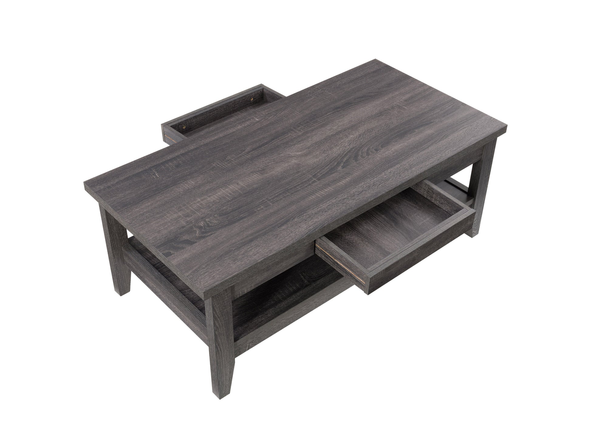 Mid-century modern coffee table with walnut finish, featuring a smooth rectangular top, angled wooden legs, and a lower shelf for storage. Perfect for adding a retro touch to living room decor.