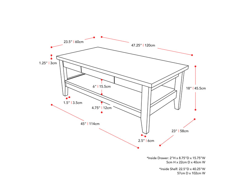 dark grey Mid Century Coffee Table Hollywood Collection measurements diagram by CorLiving
