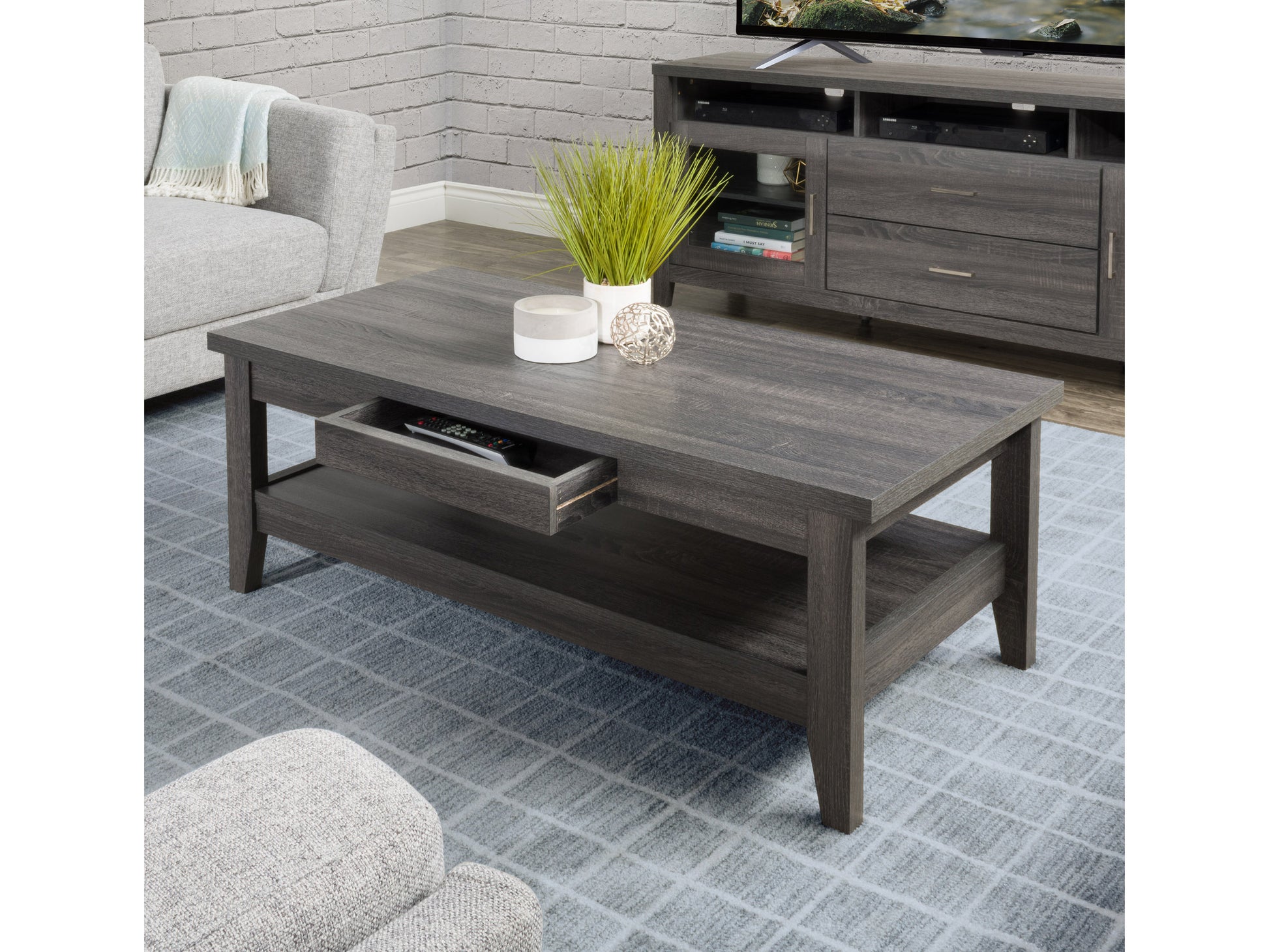 Mid-century modern coffee table with walnut finish, featuring a rectangular top, tapered legs, and open storage shelf. Ideal for contemporary living rooms or minimalist interiors.
