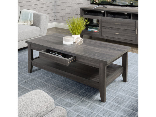 Mid-century modern coffee table with walnut finish, featuring a rectangular top, tapered legs, and open storage shelf. Ideal for contemporary living rooms or minimalist interiors.