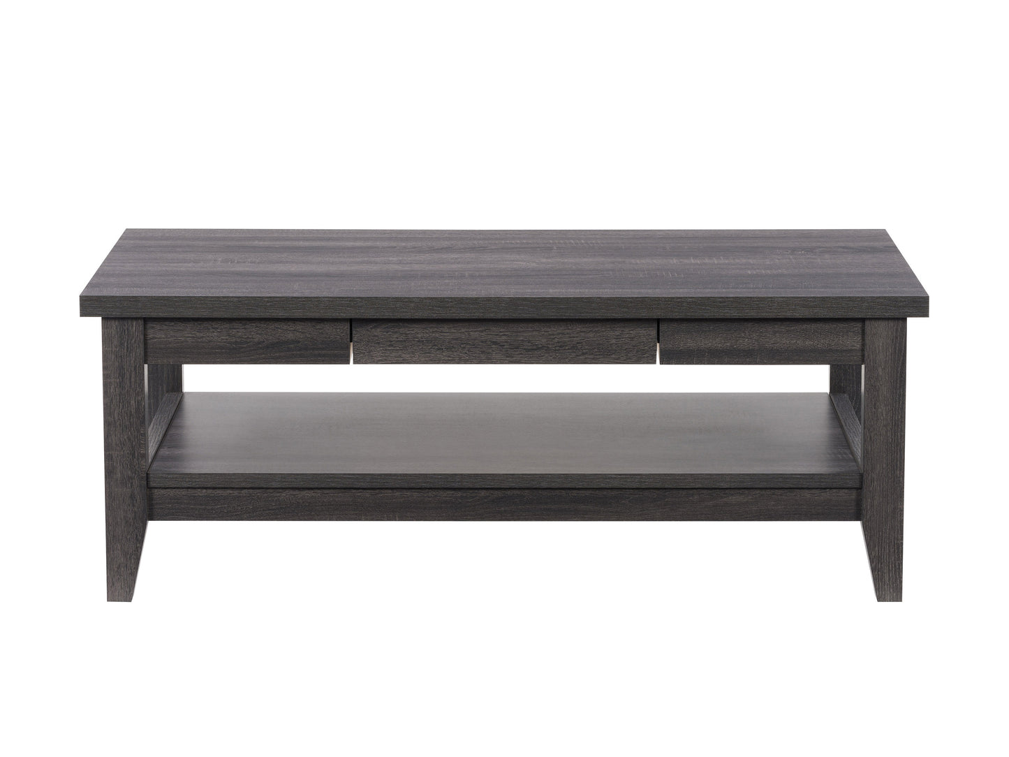 Mid-century modern coffee table with a rectangular walnut wood top and sleek black metal legs, featuring a lower shelf for storage and a smooth, minimalist design perfect for contemporary living rooms.
