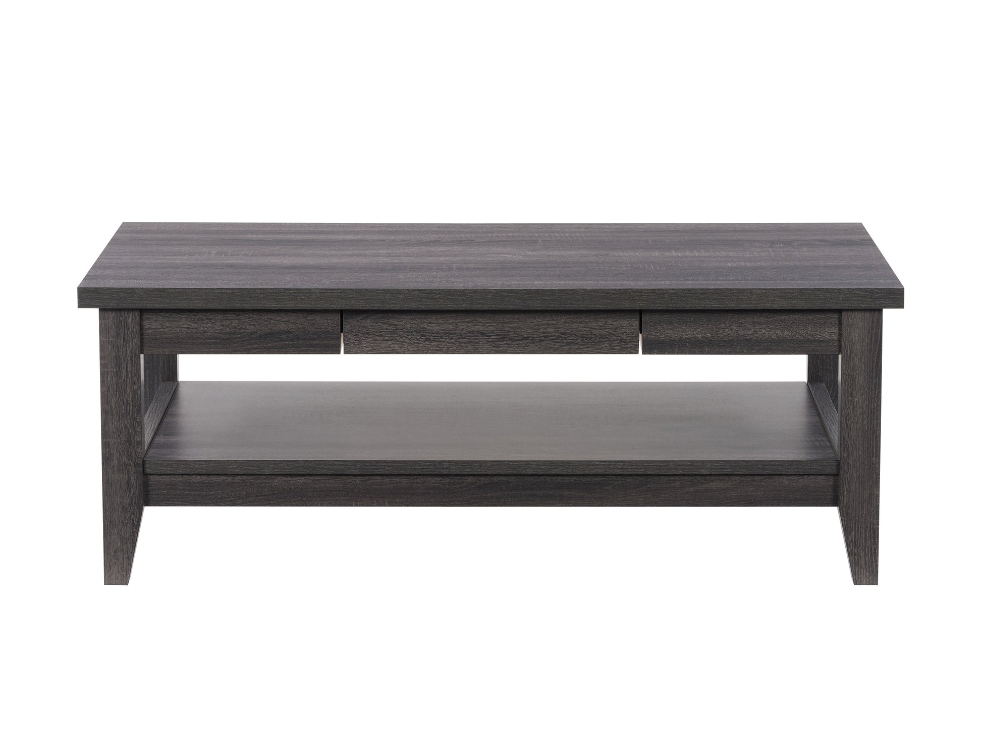 Mid-century modern coffee table with a rectangular walnut wood top and sleek black metal legs, featuring a lower shelf for storage and a smooth, minimalist design perfect for contemporary living rooms.