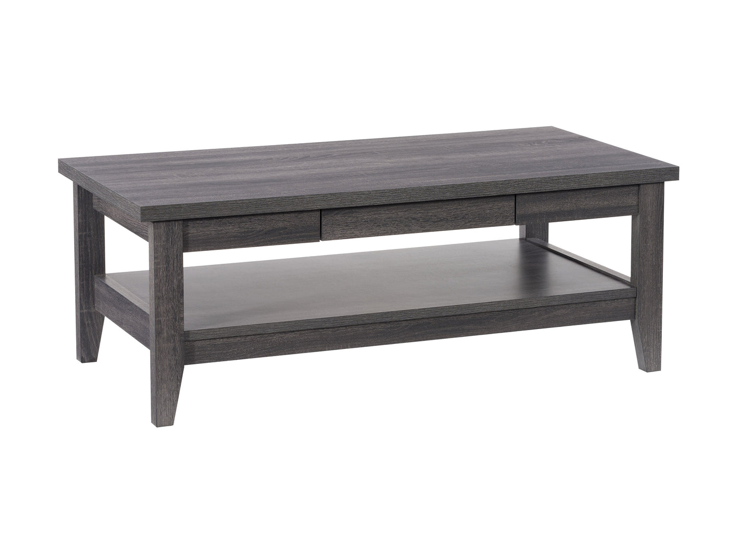 Mid-century modern coffee table with walnut finish, featuring a rectangular top, tapered legs, and a lower open shelf for storage. Ideal for contemporary living rooms with a stylish, minimalist design.