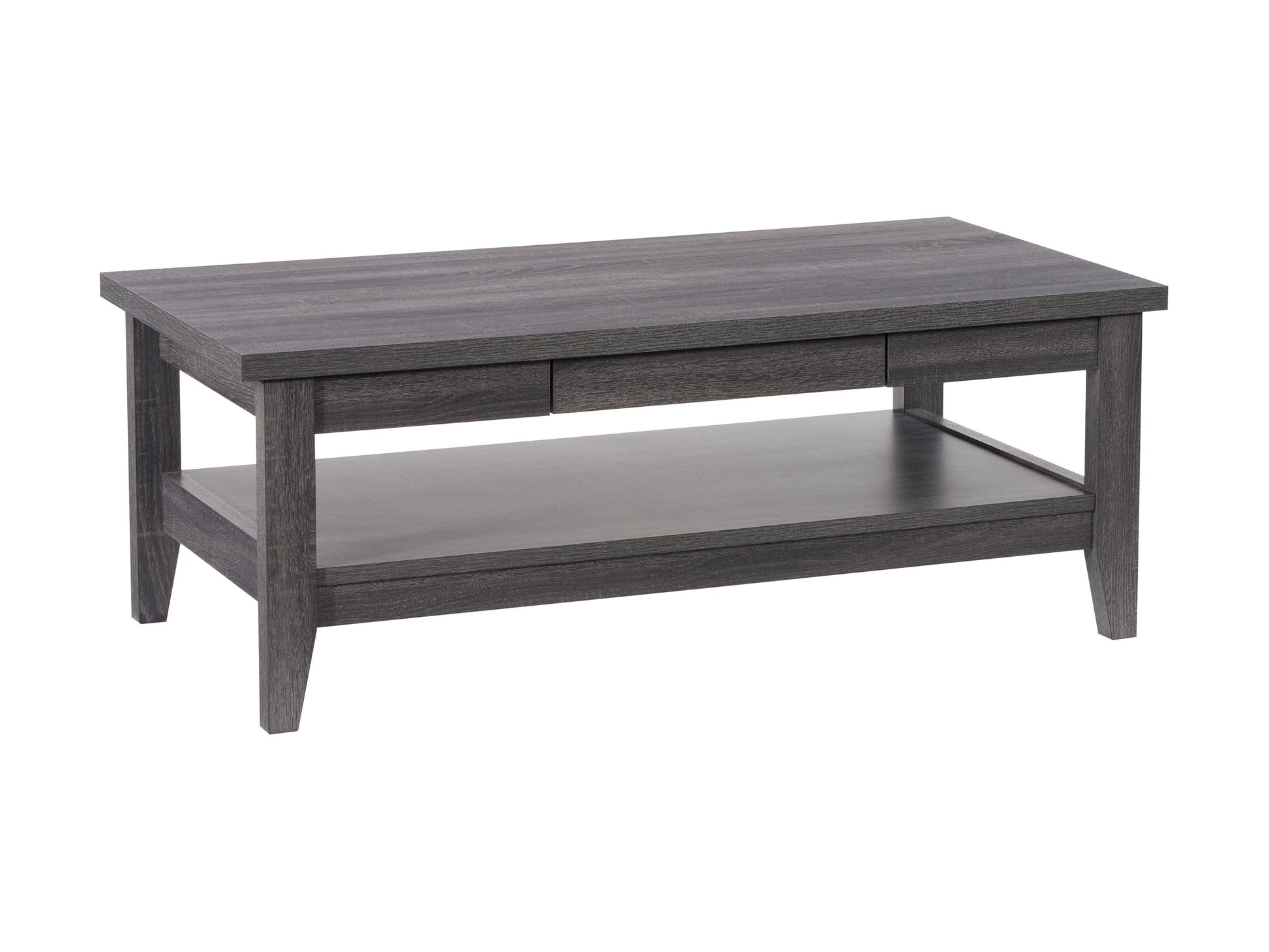 Mid-century modern coffee table with walnut finish, featuring a rectangular top, tapered legs, and a lower open shelf for storage. Ideal for contemporary living rooms with a stylish, minimalist design.