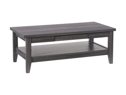 Mid-century modern coffee table with walnut finish, featuring a rectangular top, tapered legs, and a lower open shelf for storage. Ideal for contemporary living rooms with a stylish, minimalist design.