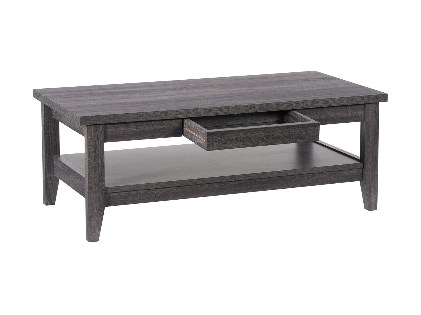 Mid-century modern coffee table with a walnut finish, featuring a sleek rectangular design, tapered legs, and a lower storage shelf. Perfect for living room decor and contemporary interiors.
