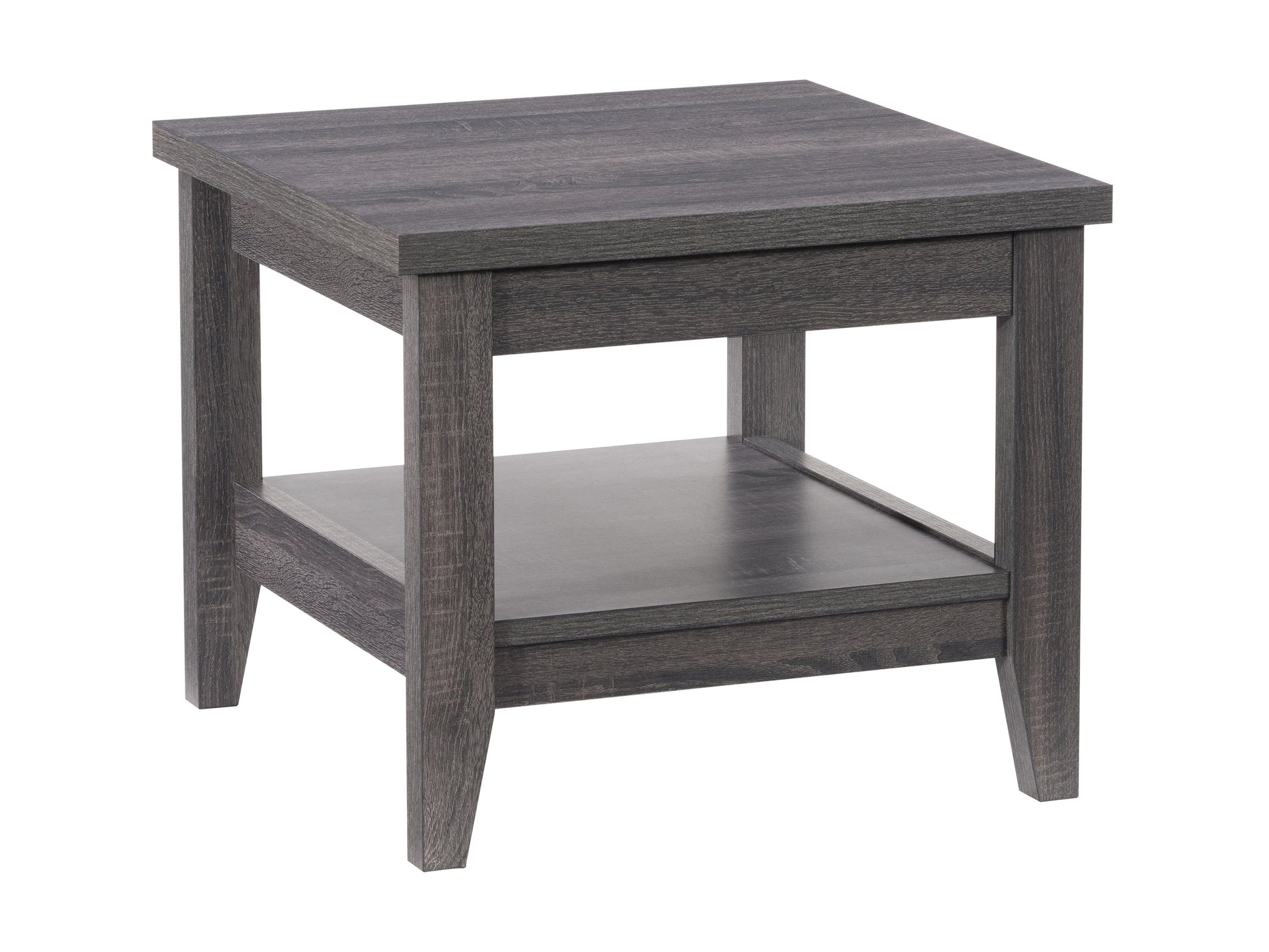Gray square side table with wooden legs, sleek design, and minimalist style. The tabletop features a smooth, matte finish, while the legs are natural wood, providing a modern yet rustic look suitable for contemporary interiors.