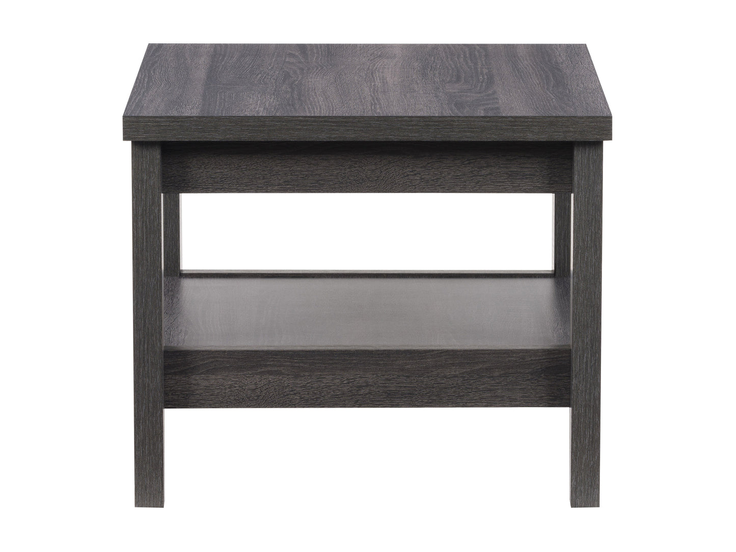 Modern square side table with a light wood finish, featuring a sleek black metal frame and a lower shelf for additional storage. Perfect for contemporary living rooms or bedrooms.