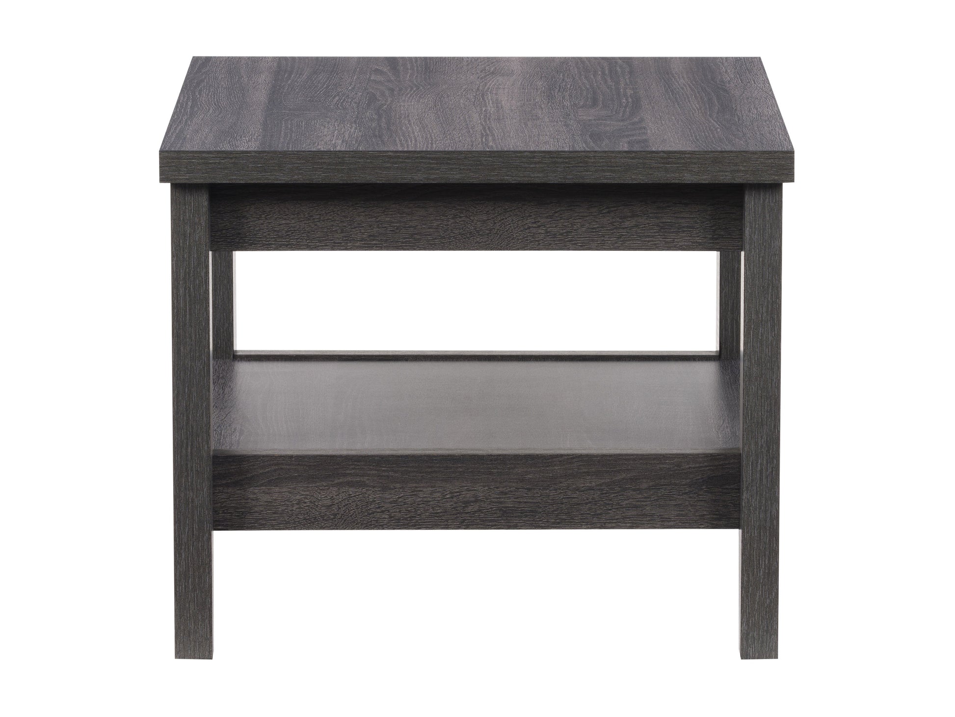 Modern square side table with a light wood finish, featuring a sleek black metal frame and a lower shelf for additional storage. Perfect for contemporary living rooms or bedrooms.