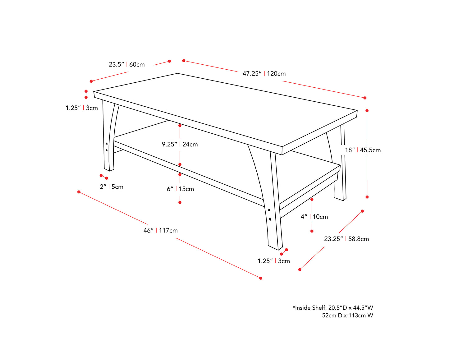 Modern two-tier coffee table with sleek black metal frame, natural wood finish, and spacious lower shelf for storage. Perfect for contemporary living rooms, adding style and functionality.
