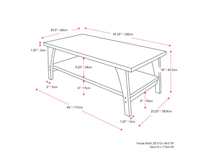 Modern two-tier coffee table with sleek black metal frame, natural wood finish, and spacious lower shelf for storage. Perfect for contemporary living rooms, adding style and functionality.