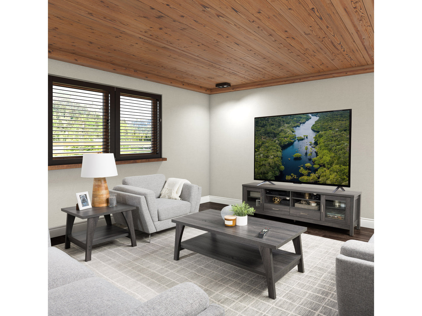 Modern two-tier coffee table with a sleek black metal frame, walnut wood shelves, and a minimalist design, perfect for contemporary living rooms or offices.