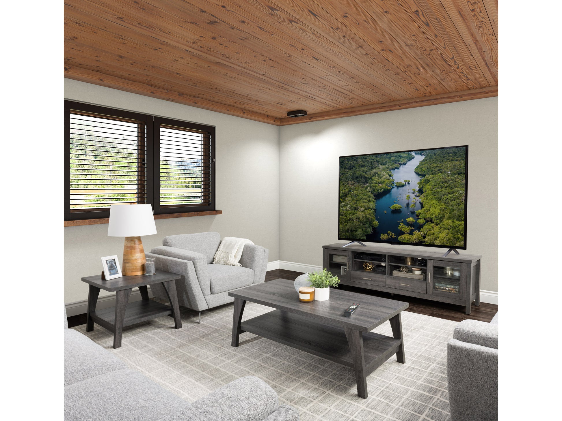 Modern two-tier coffee table with a sleek black metal frame, walnut wood shelves, and a minimalist design, perfect for contemporary living rooms or offices.