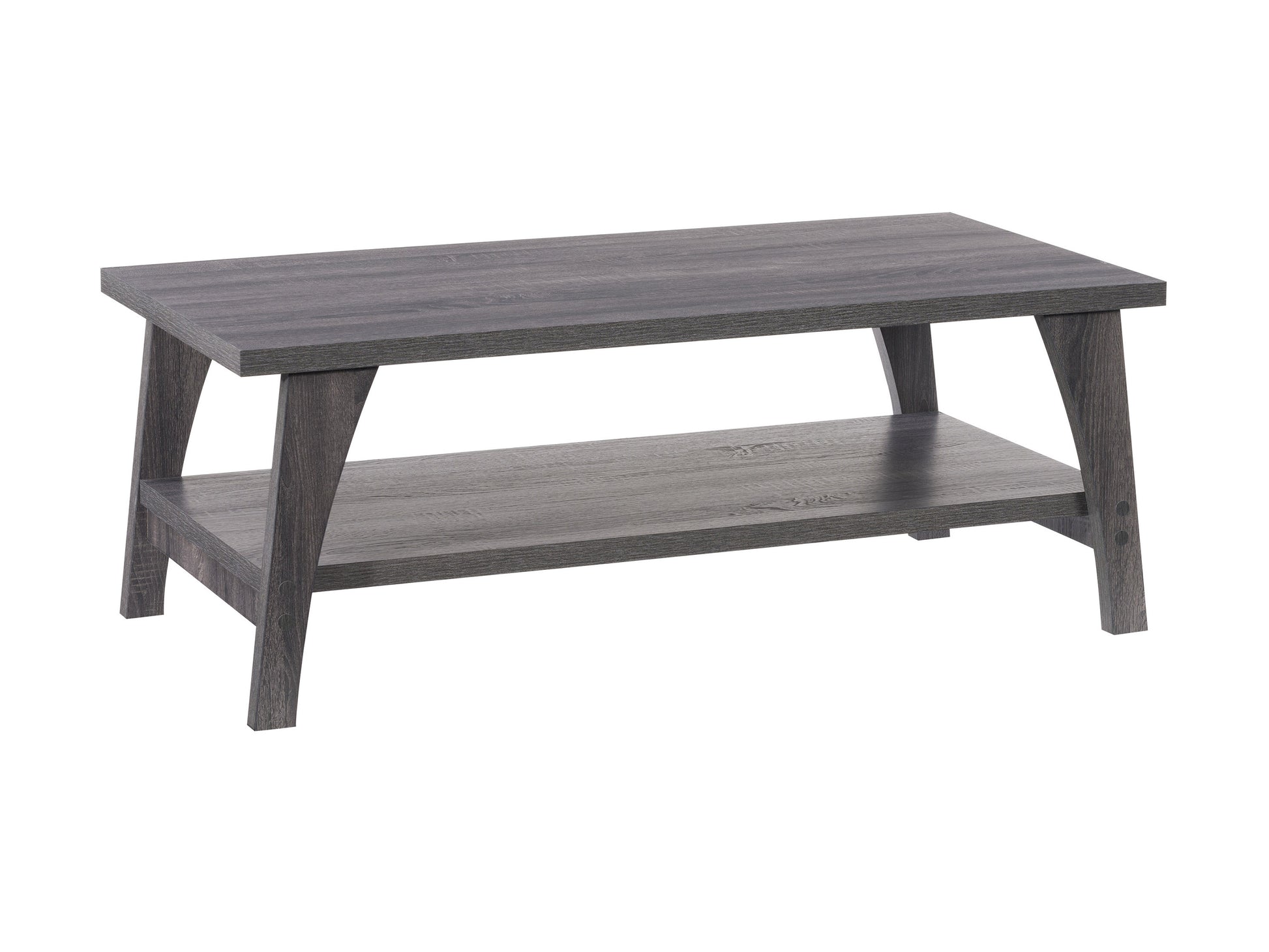 Modern two-tier coffee table with a walnut finish and black metal frame, featuring a spacious lower shelf for storage and sleek, minimalist design perfect for contemporary living rooms.