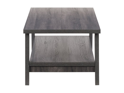 Modern two-tier coffee table with a sleek black metal frame, light wood tabletop, and lower shelf. Ideal for contemporary living spaces, offering ample storage and display space for books, decor, and essentials.
