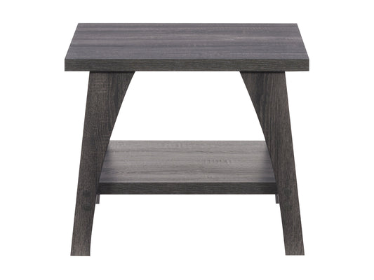 Square end table with a sleek black metal frame, featuring a light wood top and lower shelf, perfect for modern living rooms or bedrooms, offering stylish storage and display space.