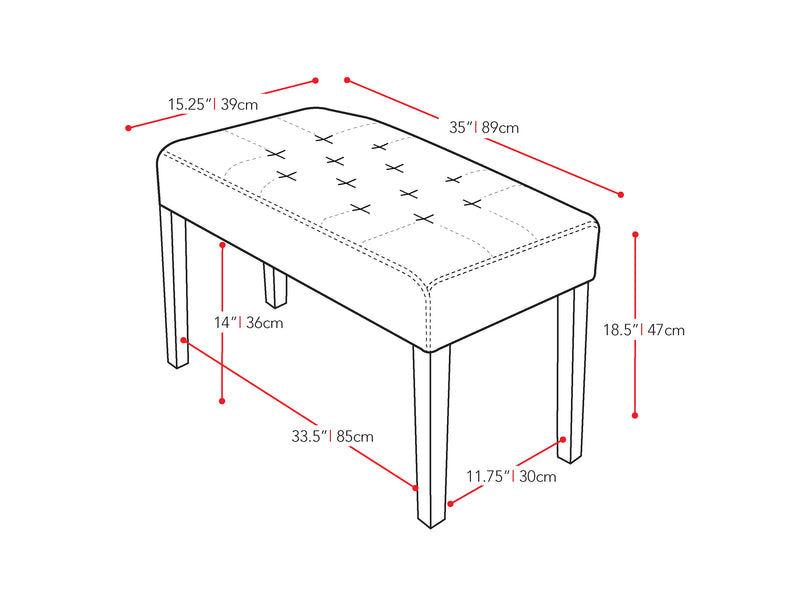 black Upholstered Bench Fresno Collection measurements diagram by CorLiving