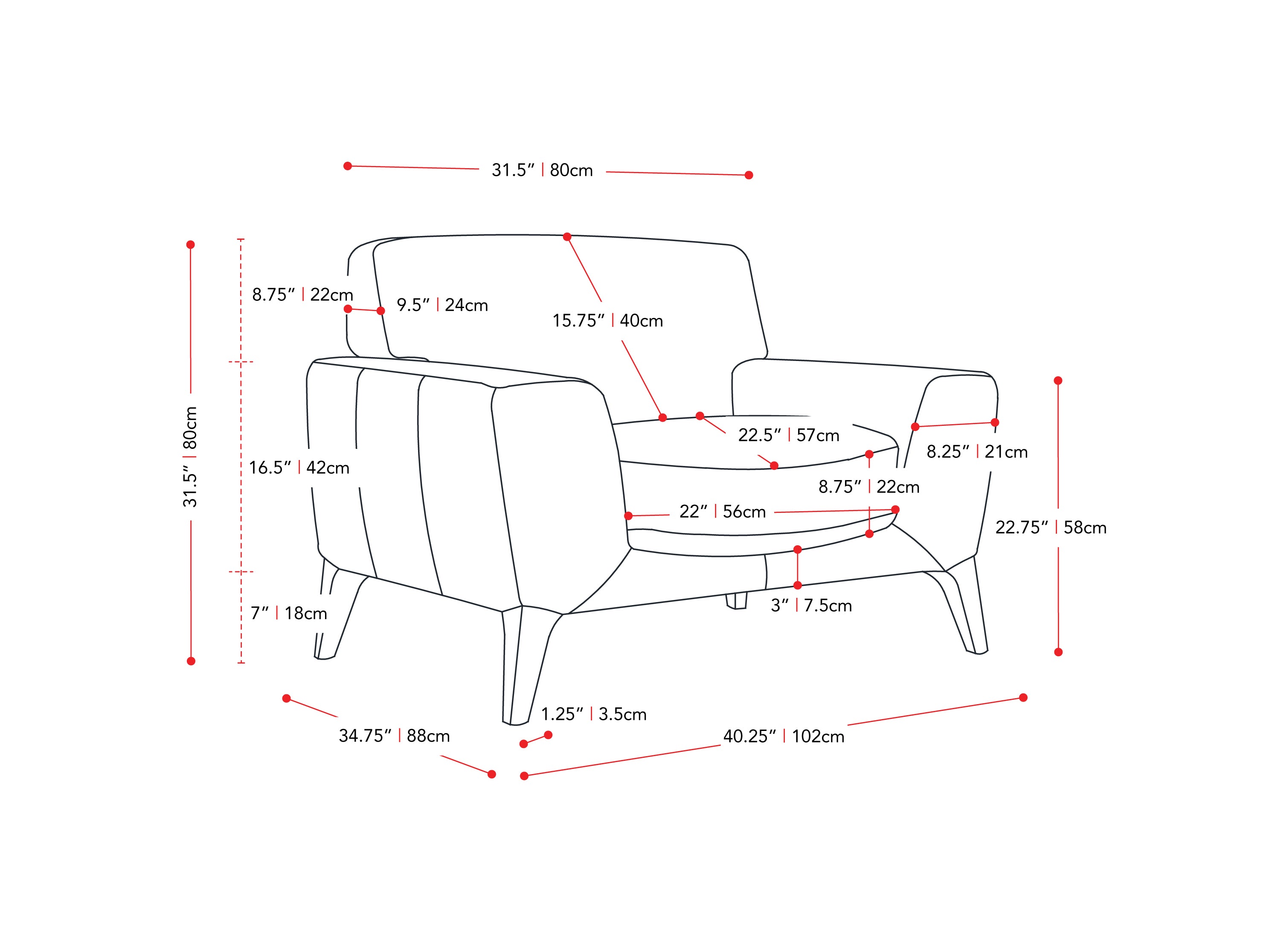 black Faux Leather Accent Chair London Collection measurements diagram by CorLiving#color_london-black