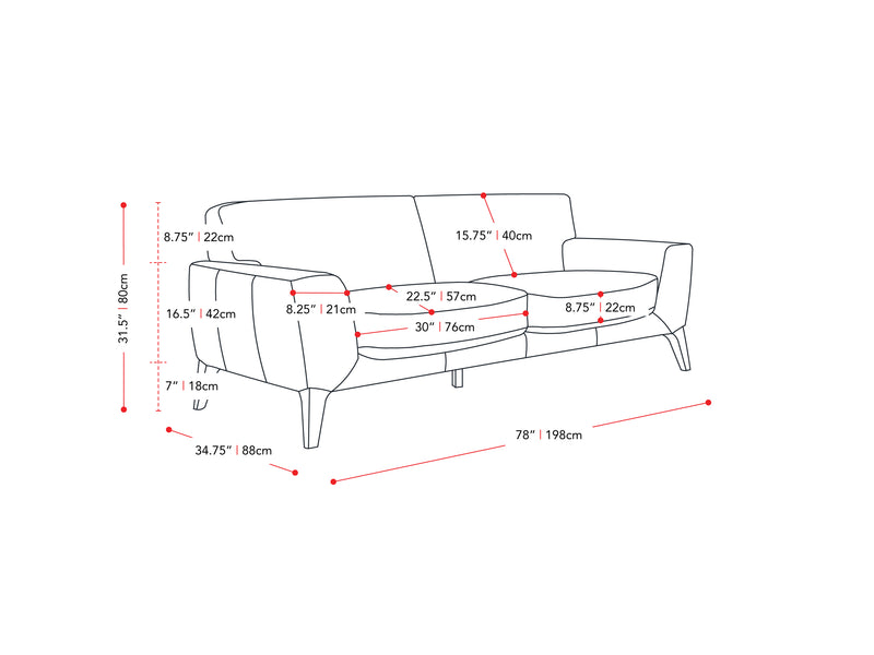 black Faux Leather Sofa London Collection measurements diagram by CorLiving