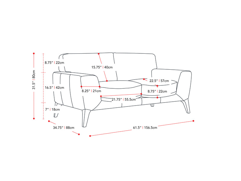 white Faux Leather Loveseat London Collection measurements diagram by CorLiving