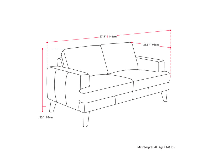 dark grey Modern Loveseat Paris Collection measurements diagram by CorLiving