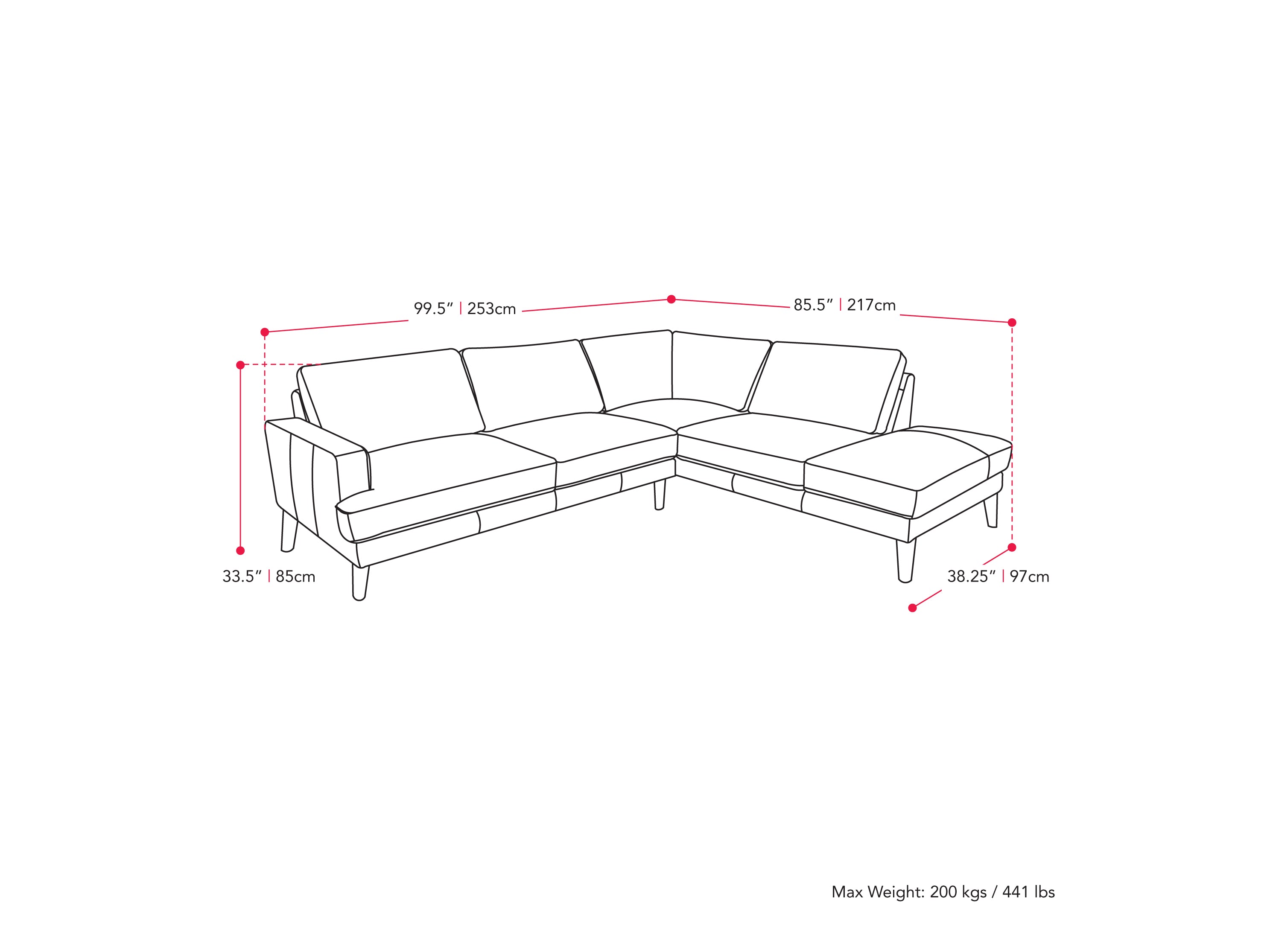 grey Sectional Couch, Right Facing Paris Collection measurements diagram by CorLiving#color_dark-grey