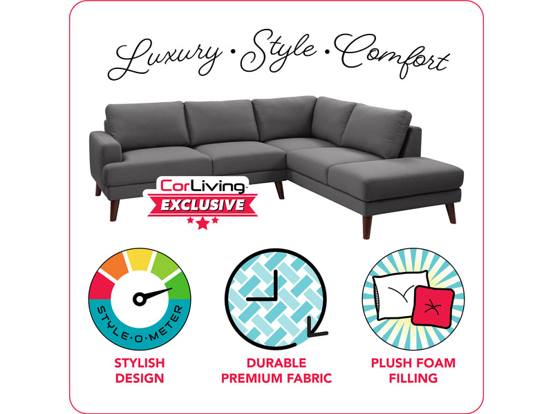 grey Sectional Couch, Right Facing Paris Collection infographic by CorLiving