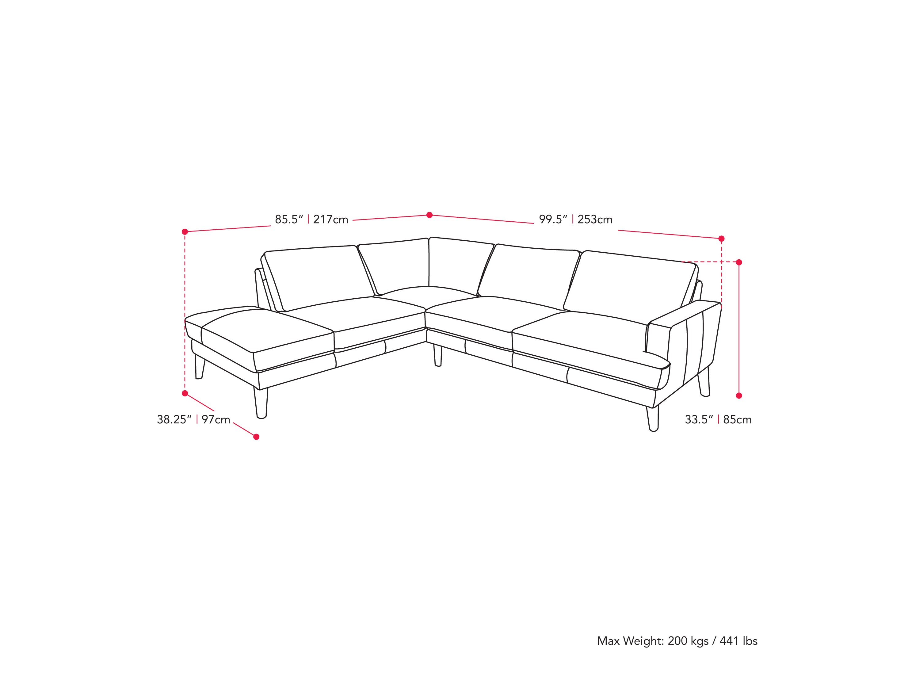 grey Sectional Couch, Left Facing Paris Collection measurements diagram by CorLiving#color_dark-grey