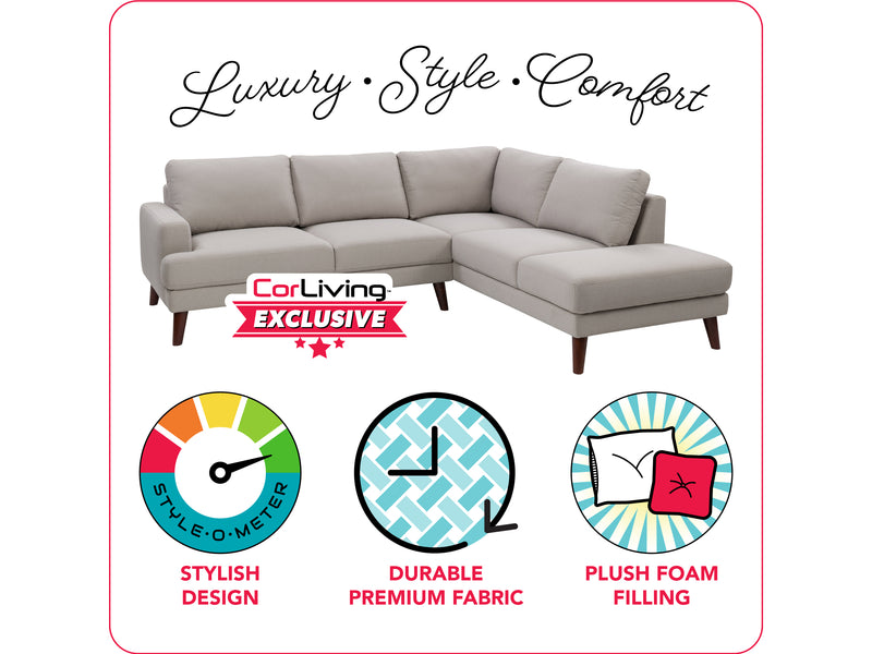 grey Sectional Couch, Right Facing Paris Collection infographic by CorLiving