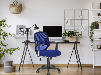 Black mesh office chair with ergonomic design, adjustable armrests, lumbar support, and five-star base on casters. Ideal for home or office use, providing comfort and breathability for long hours of work.