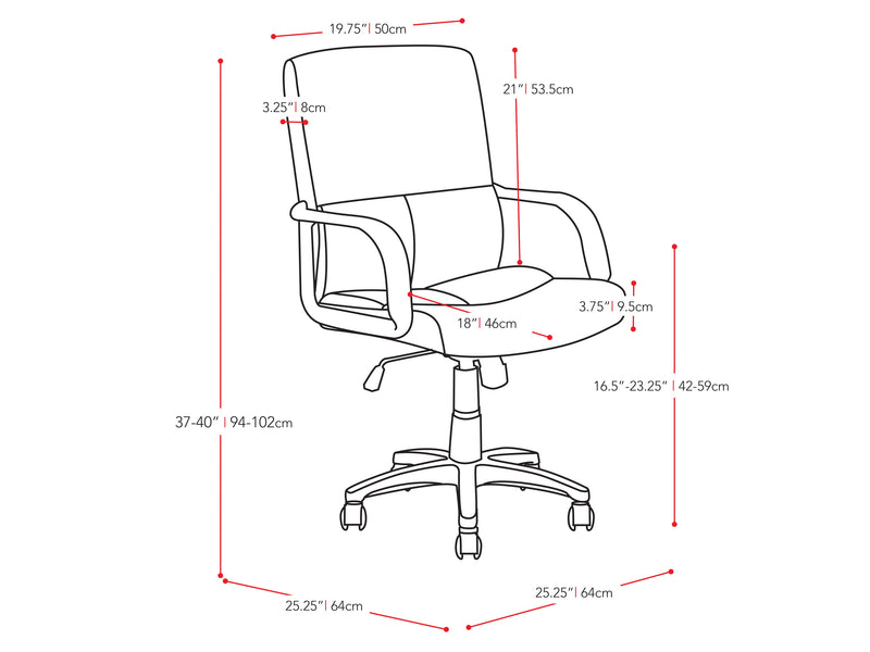 black Upholstered Office Chair Roy Collection measurements diagram by CorLiving