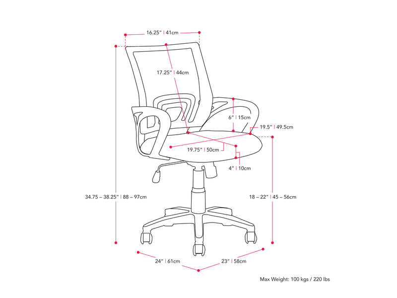 purple Mesh Back Office Chair Jaxon Collection measurements diagram by CorLiving