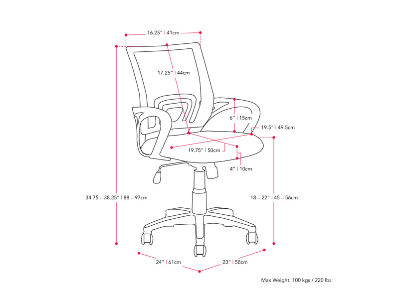 red Mesh Back Office Chair Jaxon Collection measurements diagram by CorLiving
