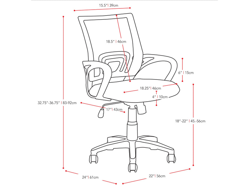 teal Mesh Back Office Chair Jaxon Collection measurements diagram by CorLiving