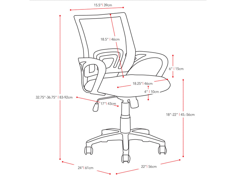 teal Mesh Back Office Chair Jaxon Collection measurements diagram by CorLiving