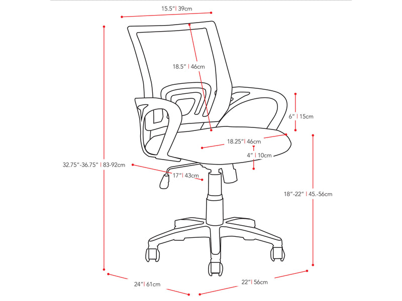 pink Mesh Back Office Chair Jaxon Collection measurements diagram by CorLiving