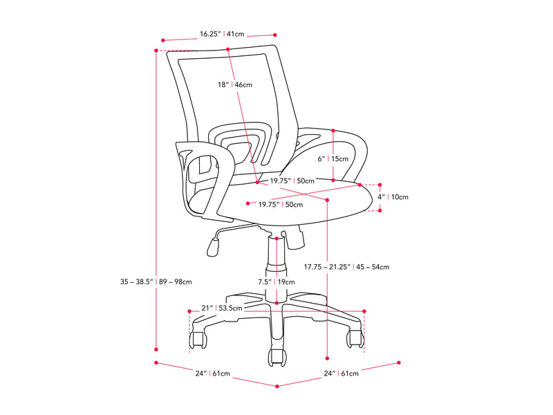 blue Mesh Back Office Chair Jaxon Collection measurements diagram by CorLiving