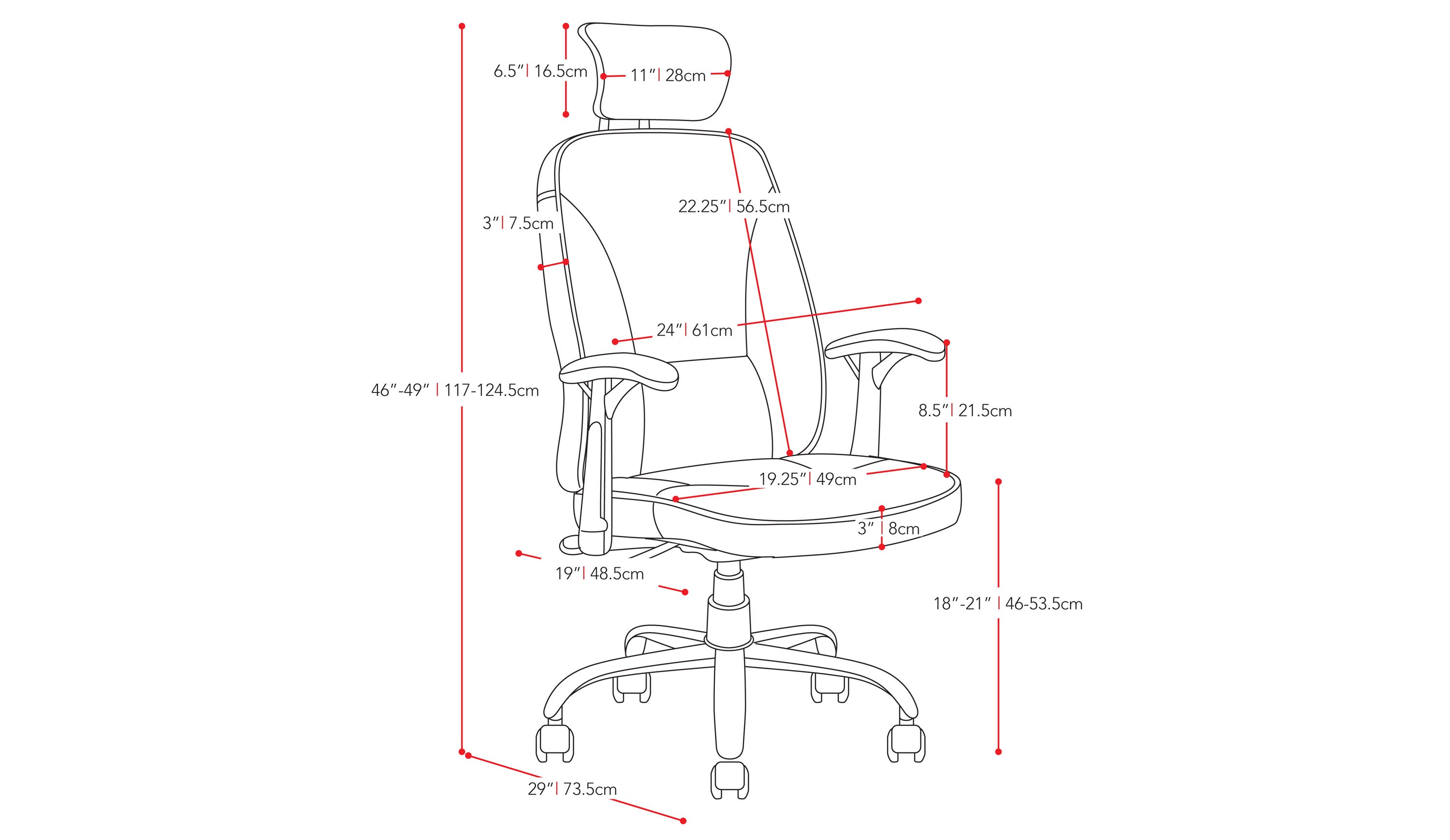 black Reclining Office Chair Brooks Collection measurements diagram by CorLiving#color_black