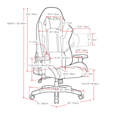 red and white Ergonomic Gaming Chair Workspace Collection measurements diagram by CorLiving#color_red-and-white