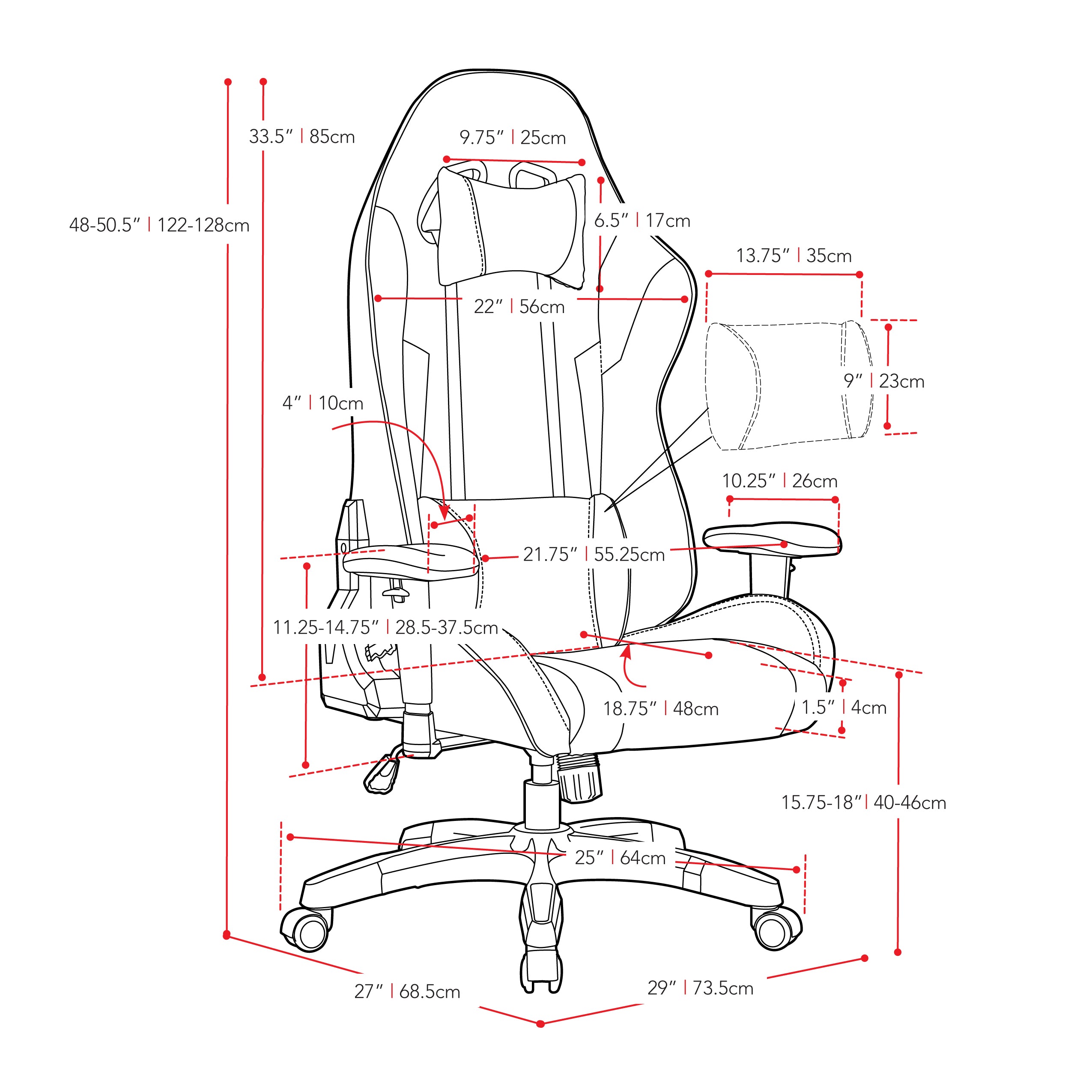 black and silver Ergonomic Gaming Chair Workspace Collection measurements diagram by CorLiving#color_black-and-silver