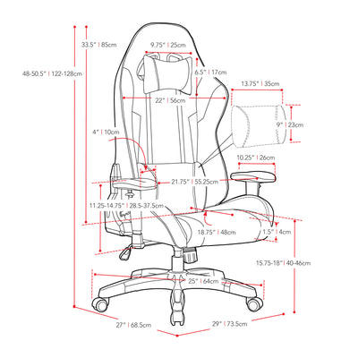 grey and red Ergonomic Gaming Chair Workspace Collection measurements diagram by CorLiving#color_grey-and-red