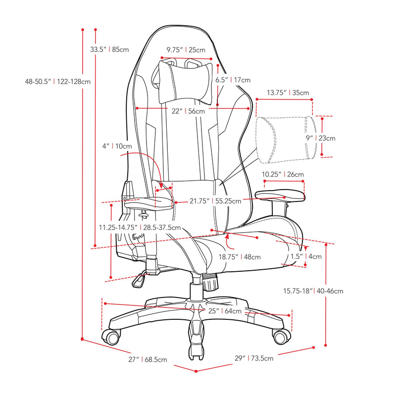 grey and red Ergonomic Gaming Chair Workspace Collection measurements diagram by CorLiving