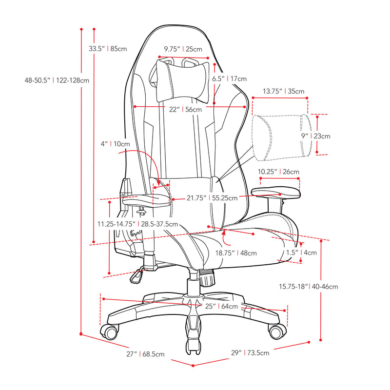 red and white Ergonomic Gaming Chair Workspace Collection measurements diagram by CorLiving