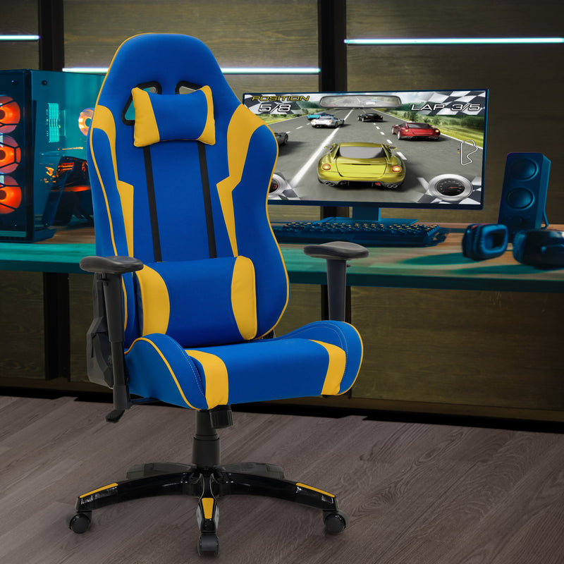 blue and white Ergonomic Gaming Chair Workspace Collection lifestyle scene by CorLiving