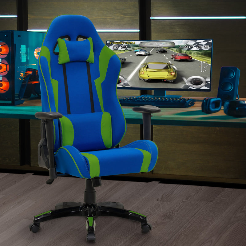 blue and green Ergonomic Gaming Chair Workspace Collection lifestyle scene by CorLiving