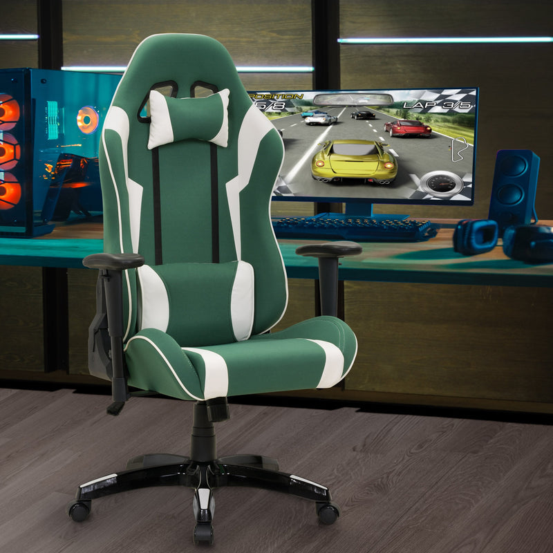 green and white Ergonomic Gaming Chair Workspace Collection lifestyle scene by CorLiving