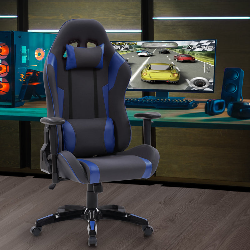 grey and blue Ergonomic Gaming Chair Workspace Collection lifestyle scene by CorLiving