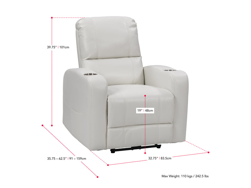 white Power Recliner with Cup Holder Ophelia Collection measurements diagram by CorLiving
