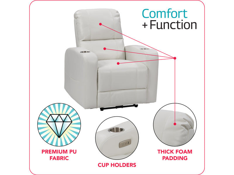 white Power Recliner with Cup Holder Ophelia Collection infographic by CorLiving